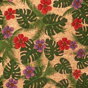 Green Palm Leaves and Flowers Cork Fabric
